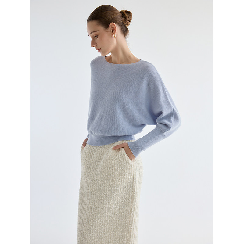 masbello法式优雅羊绒羊毛一字领蝙蝠袖毛衣女宽松显瘦针织衫秋冬