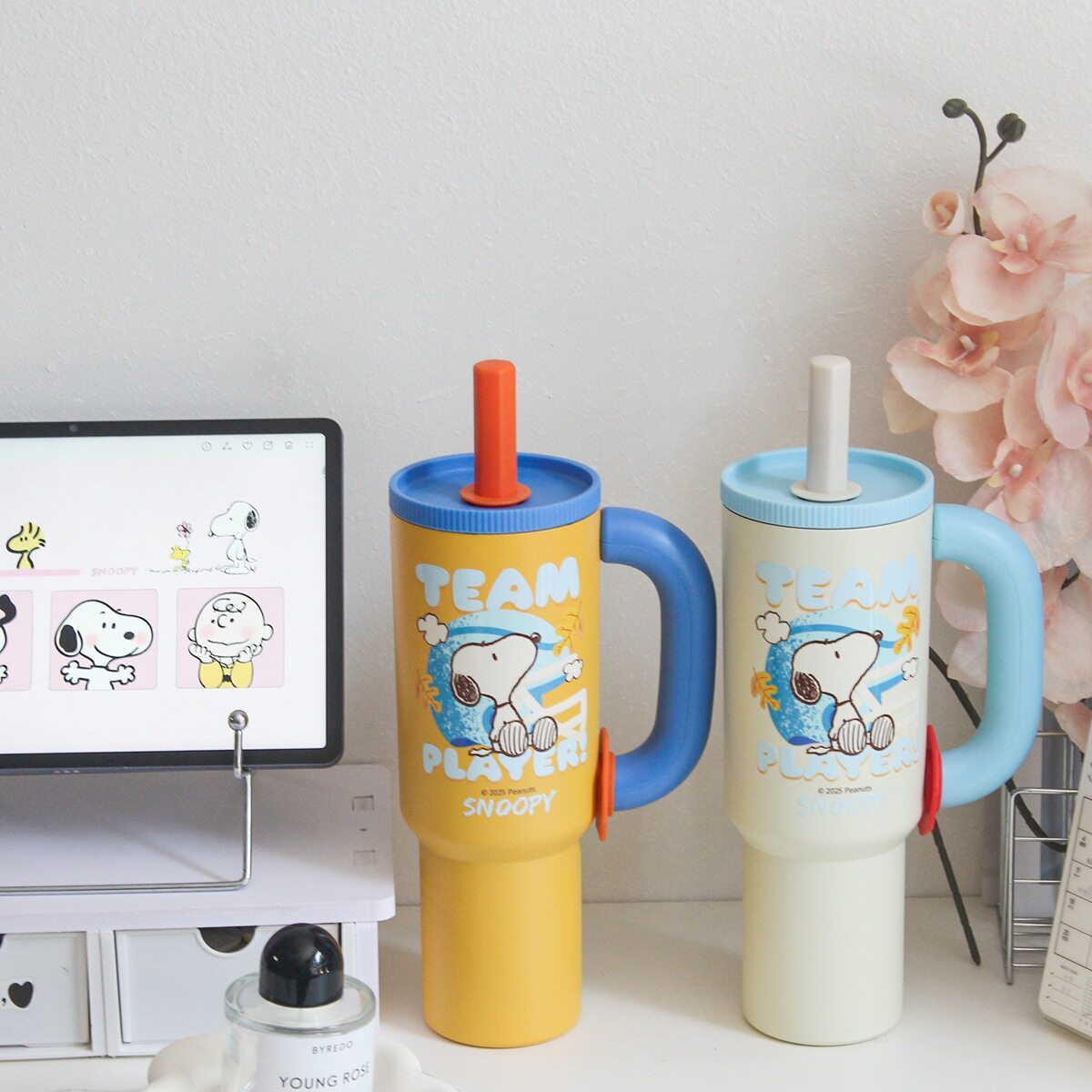 史努比新款不锈钢手柄汽车杯巨无霸多巴胺手柄吸管户外便携冰霸杯