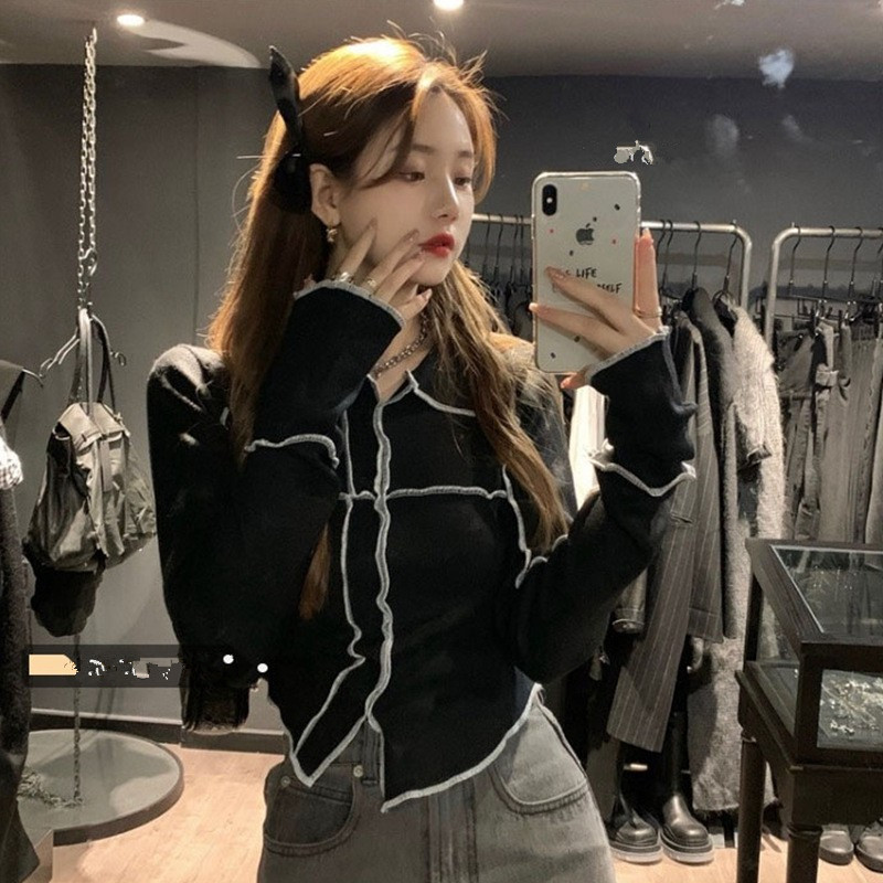 设计感POLO领打底针织衫女早春内搭炸街长袖短款bm上衣配高腰裤潮