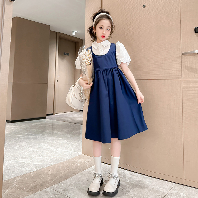 女童短袖连衣裙夏洋气儿童夏季学院风背带裙假两件裙子女大童夏装