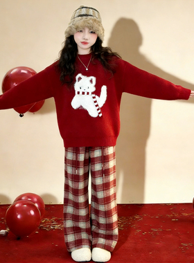 女童红色毛衣套装冬加厚儿童2026马年本命年新年衣服针织衫裤子女