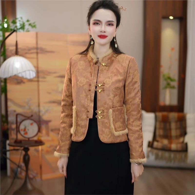 2025新款今年流行爆款冬款新中式橘色提花国风加厚保暖外套M-4XL