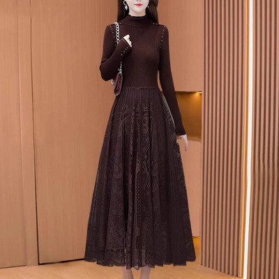 高端气质广州十三行爆款针织蕾丝长袖高档连衣裙女秋季贵夫人妈妈
