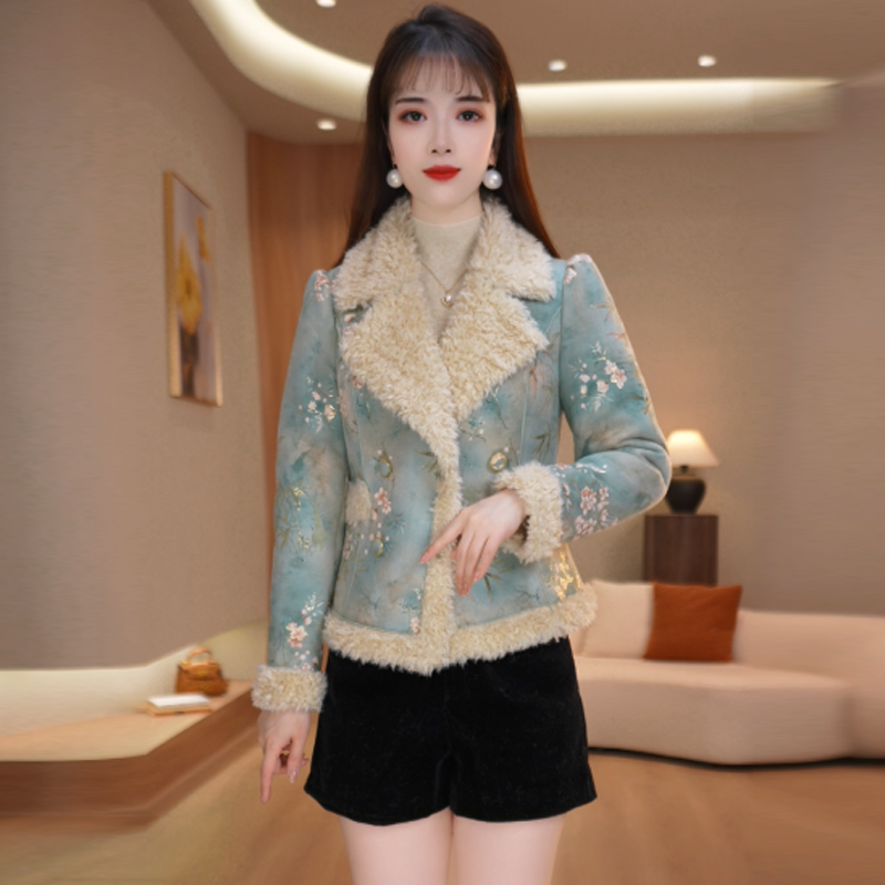 美瑞国风印花皮毛一体外套女冬季2025新款小香风加绒加厚短款大衣,女装/女士精品,短外套,淘宝优惠券,粉丝福利购,淘宝优惠卷