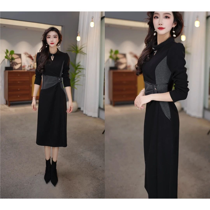 连衣裙2025新款今年流行爆款秋季黑色腰部拼灰简洁时尚设计显瘦