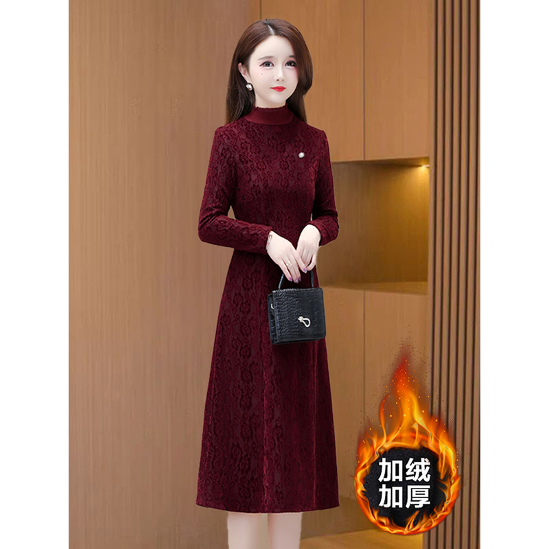 加绒加厚蕾丝连衣裙秋冬季上档次本命年妈妈喜婆婆婚宴礼服十三行