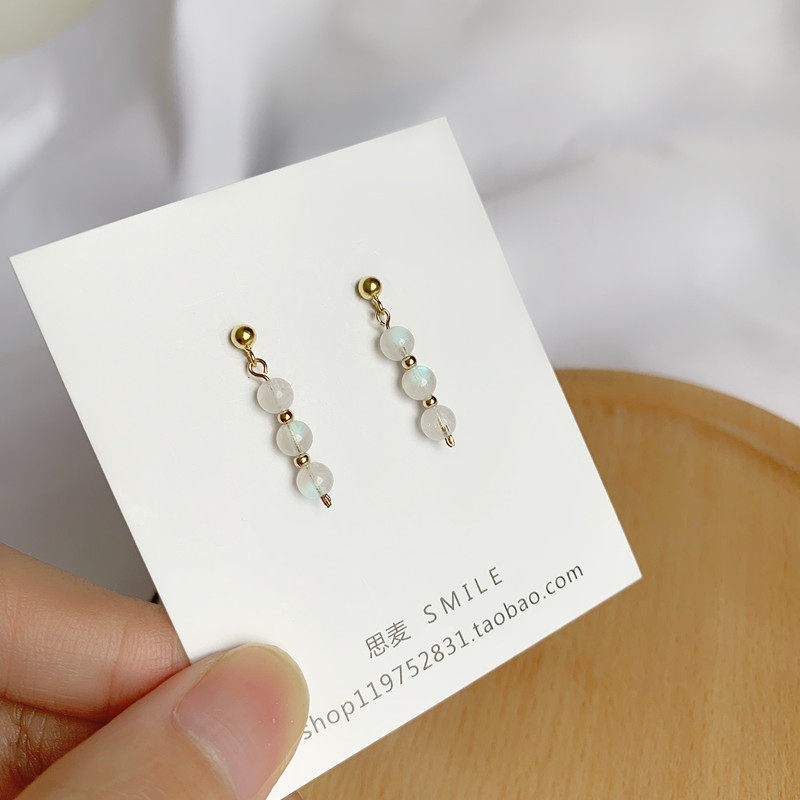 天然水晶白月光石耳钉S925纯银小耳坠女简约百搭耳环2018秋冬新款
