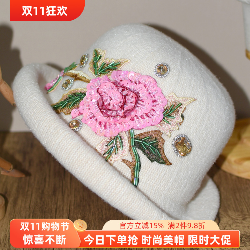 秋冬天新款帽子新中式民族风女士刺绣钉珠牡丹花水钻休闲遮阳盆帽