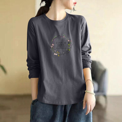 100%纯棉长袖印花t恤女