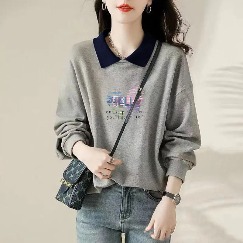 时尚长袖纯棉POLO翻领卫衣女