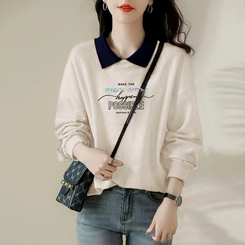 外贸出口品牌清仓纯棉时尚POLO领长袖卫衣女秋季百搭显瘦拼色上衣