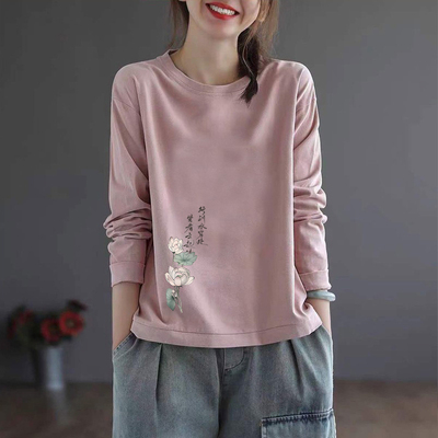 纯棉长袖时尚印花长袖t恤女