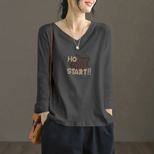 百搭显瘦长袖 t恤女春秋款 打底上衣 100%纯棉V领时尚 外贸折扣店正品