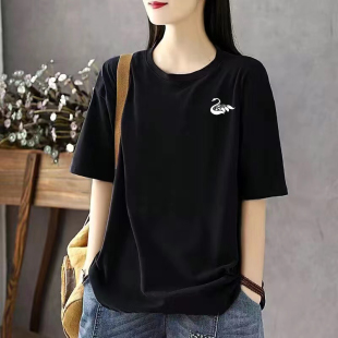 大牌清仓捡漏圆领印花t恤2024新款 女纯棉气质显瘦休闲文艺上衣夏