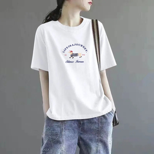 外贸出口大牌折扣100%纯棉短袖 百搭显瘦休闲上衣 印花t恤女夏新款