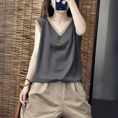 100%纯棉无袖V领t恤女