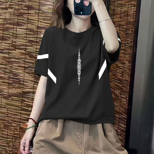 上衣 宽松显瘦休闲拼色短袖 外贸品牌出口100%纯棉蝙蝠袖 t恤女夏季
