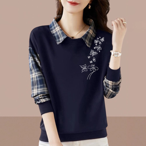 纯棉假两件长袖POLO领卫衣女