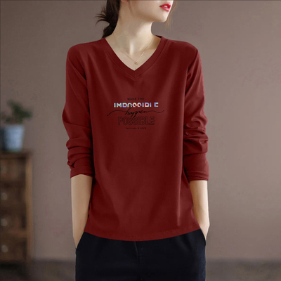 100%纯棉长袖V领t恤女