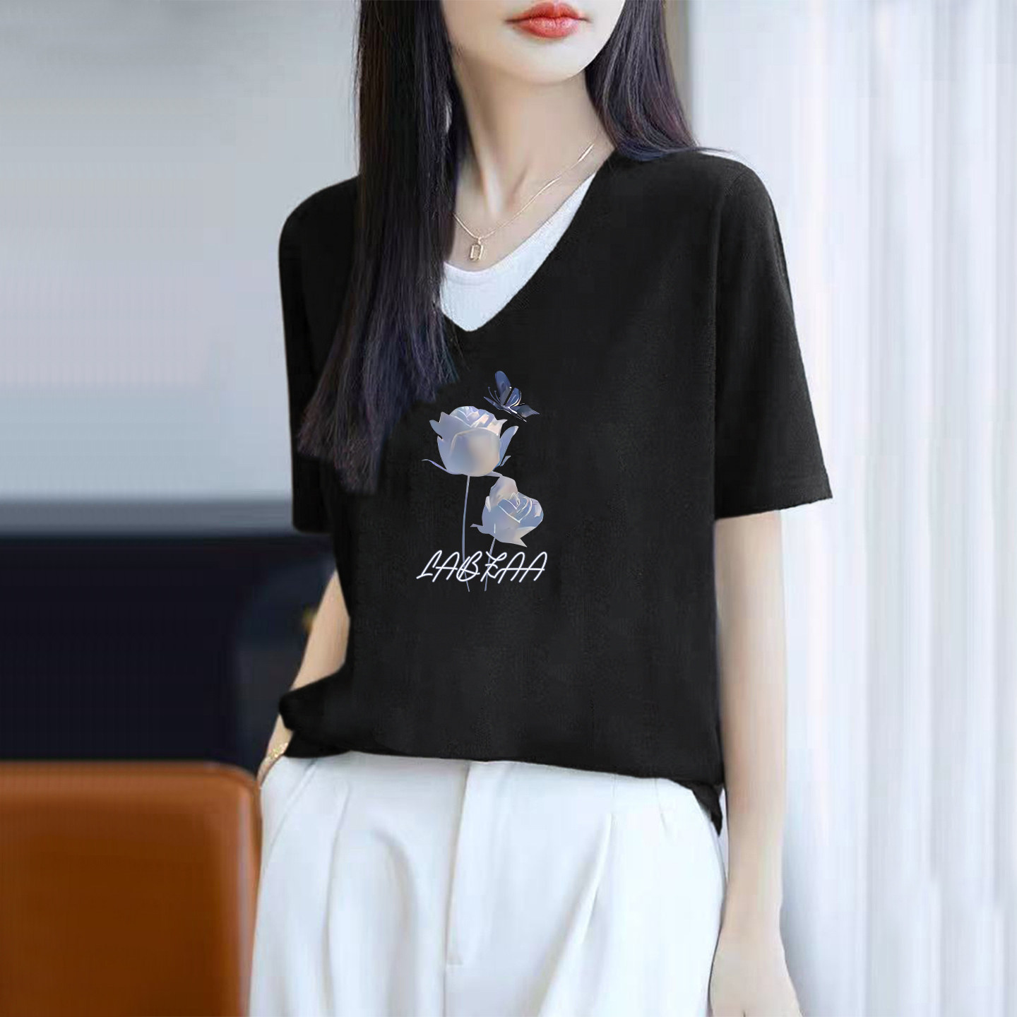 100%纯棉V领短袖t恤女