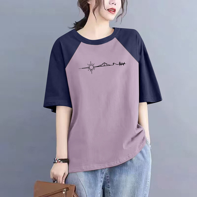 100%纯棉撞色短袖t恤女上衣