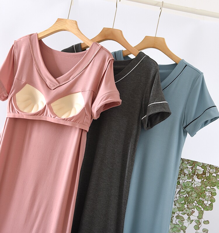 여성용 가슴 패드 잠옷 여름용 얇은 브라 프리 잠옷 모달 아이스 실크 루즈 대형 반팔 브이넥 홈복