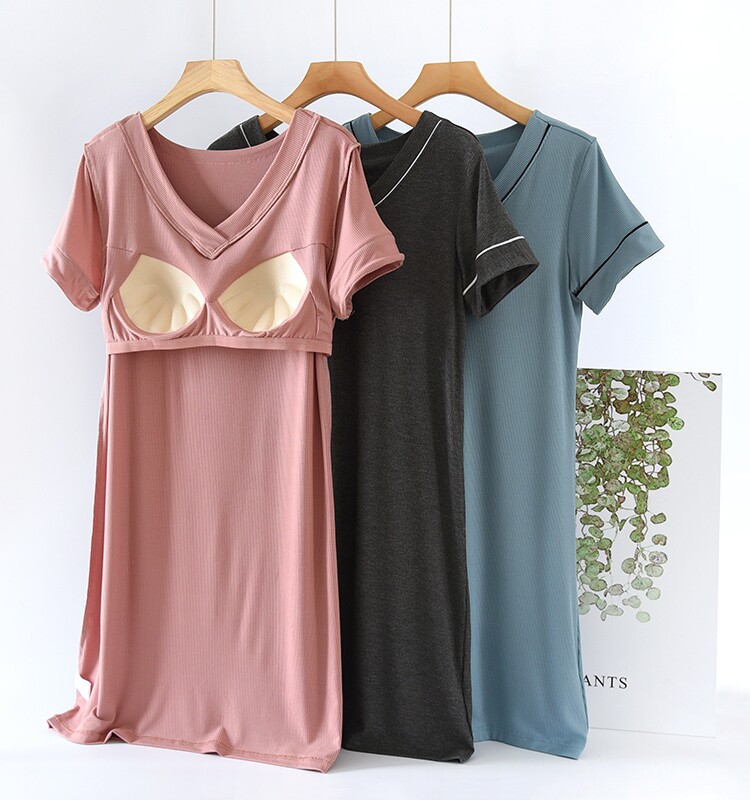 여성용 가슴 패드 잠옷 여름용 얇은 브라 프리 잠옷 모달 아이스 실크 루즈 대형 반팔 브이넥 홈복