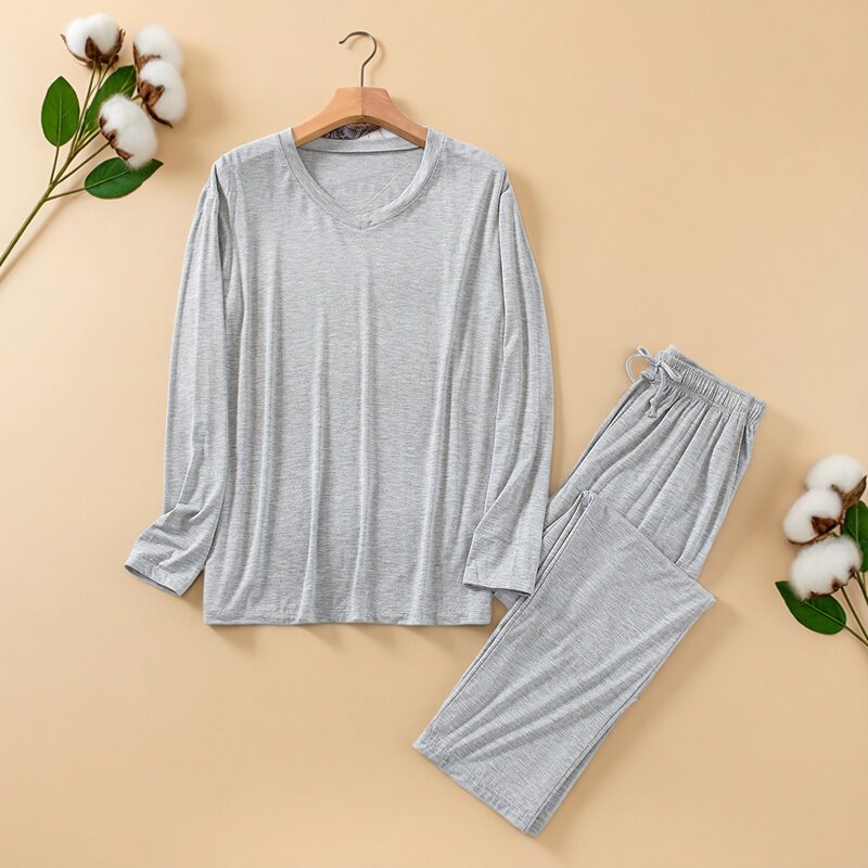 男士夏季睡衣莫代尔薄款超柔软长袖长裤家居服套装大码休闲运动春