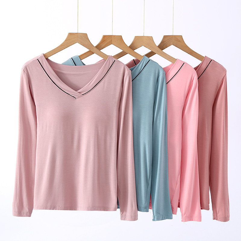 여성용 모달패딩 긴팔 티셔츠 브라프리 브이넥 파자마 홈웨어 상의 캐주얼 가을 야외에서도 착용 가능