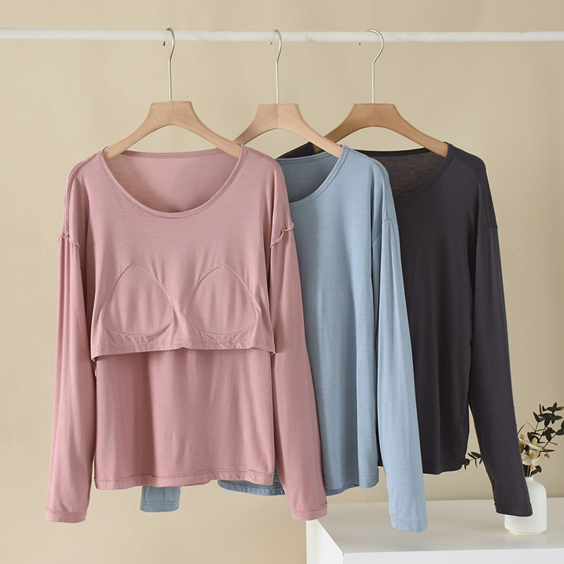 莫代尔三角杯带胸垫睡衣上装女春秋免穿文胸长袖家居服薄打底衫冬,女士内衣/男士内衣/家居服,睡衣上装,淘宝优惠券,粉丝福利购,淘宝优惠卷