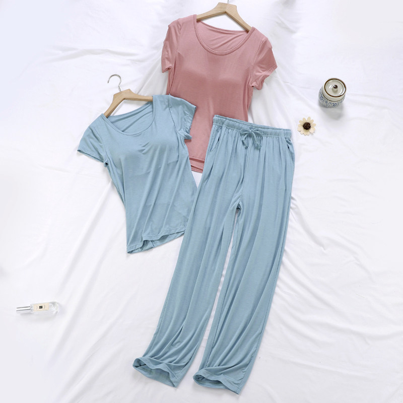 3女士夏季带胸垫睡衣短袖长裤莫代尔薄款家居服外出休闲服两件套装