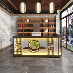 新中式圆弧转角收银台中古风餐饮店茶楼吧台名宿养生馆前台接待台