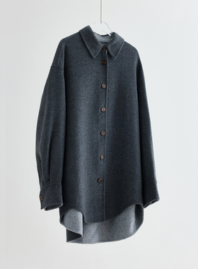 减50~BV极简廓形双面呢羊毛桑蚕丝薄呢宽松衬衫大衣外套女秋冬