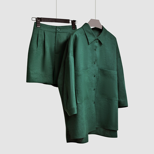套装 短裤 女夏小个子廓形绿色简约 100%亚麻轻薄高端衬衫 实穿自留款