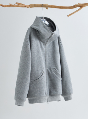 老钱通勤风连帽衫纯棉拉链连帽卫衣女秋冬空气感慵懒2025新款灰色