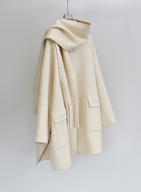 骆驼绒中长围巾羊毛双面呢大衣外套女秋冬中长新款轻奢高端米白色