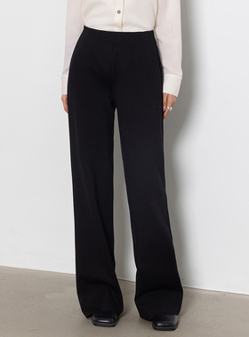 老钱风阔腿裤超显瘦针织弹力休闲裤女春秋松紧高腰腿长黑罗马370G