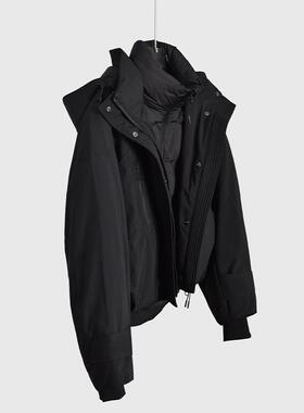 韩系白鹅羽绒服内胆三合一冲锋衣两件套女秋冬超短款立领夹克黑色