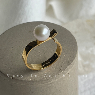 VIA途经ins冷淡风天然淡水珍珠几何简约小众设计感可调节开口戒指