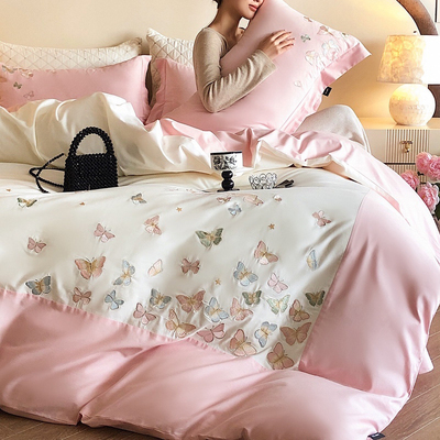 床上用品四件套纯全棉小清新蝴蝶刺绣床笠款1.5m1.8米被套220x240