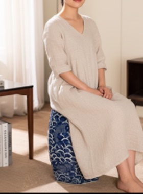 日系亚麻V领长袖宽松连衣裙