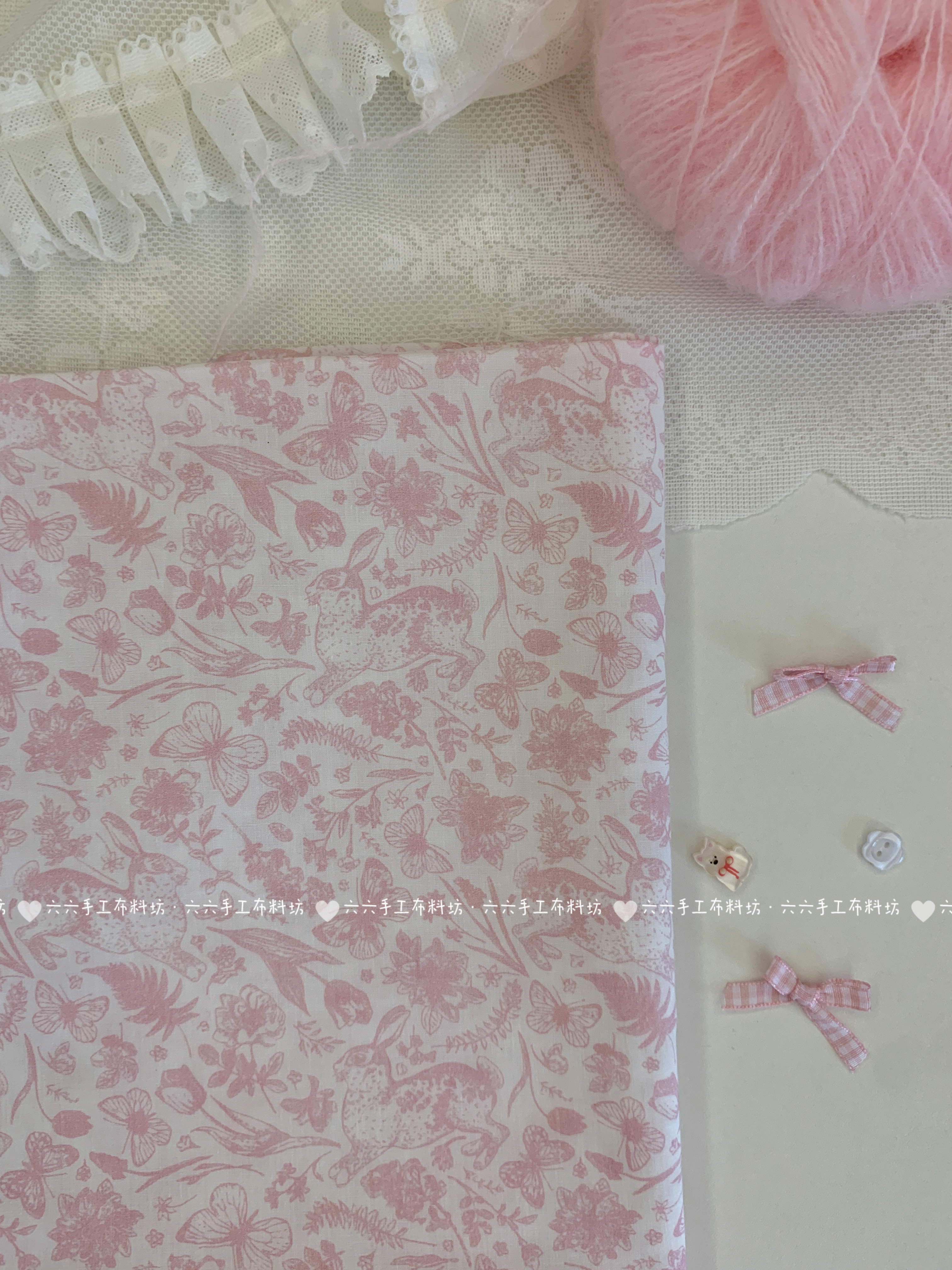 全棉60支ins彼得兔粉色素雅绘画风布料家居服发饰童装包包diy布