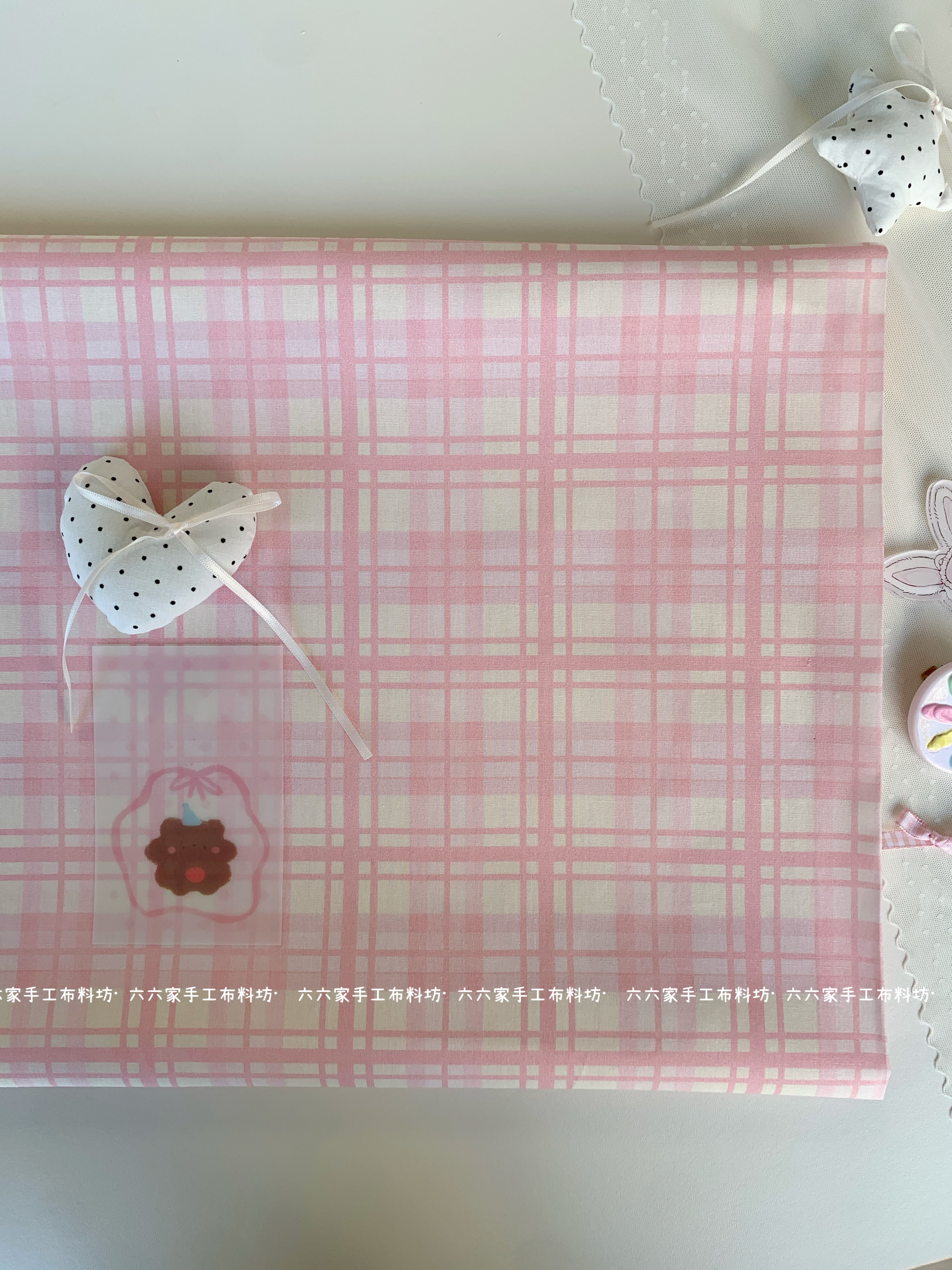 全棉40支印花布料ins韩系粉色格子服装口水巾包包发圈手工diy布