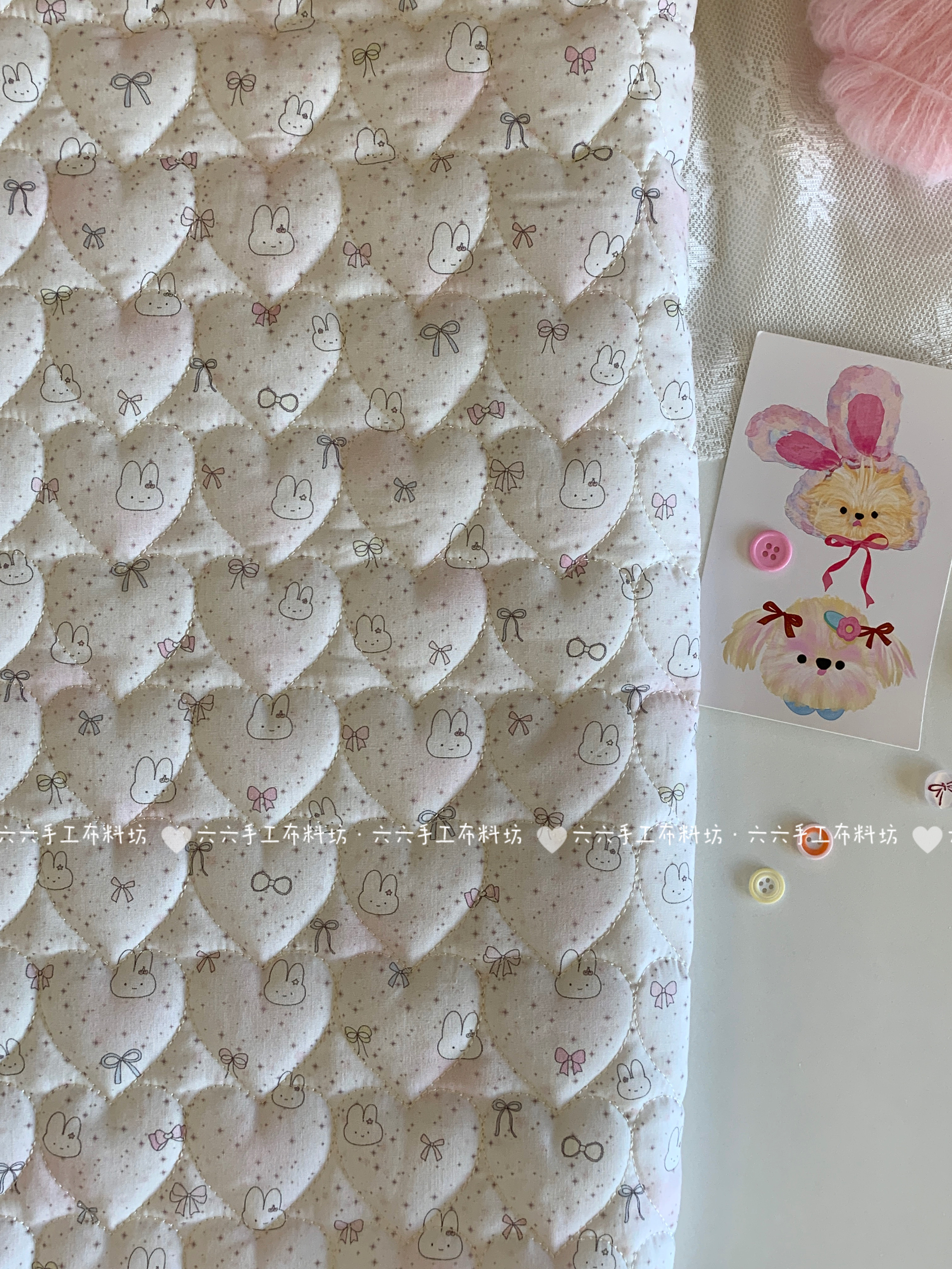 全棉印花绗棉布料可爱卡通爱心小兔面料家居服发饰童装包包