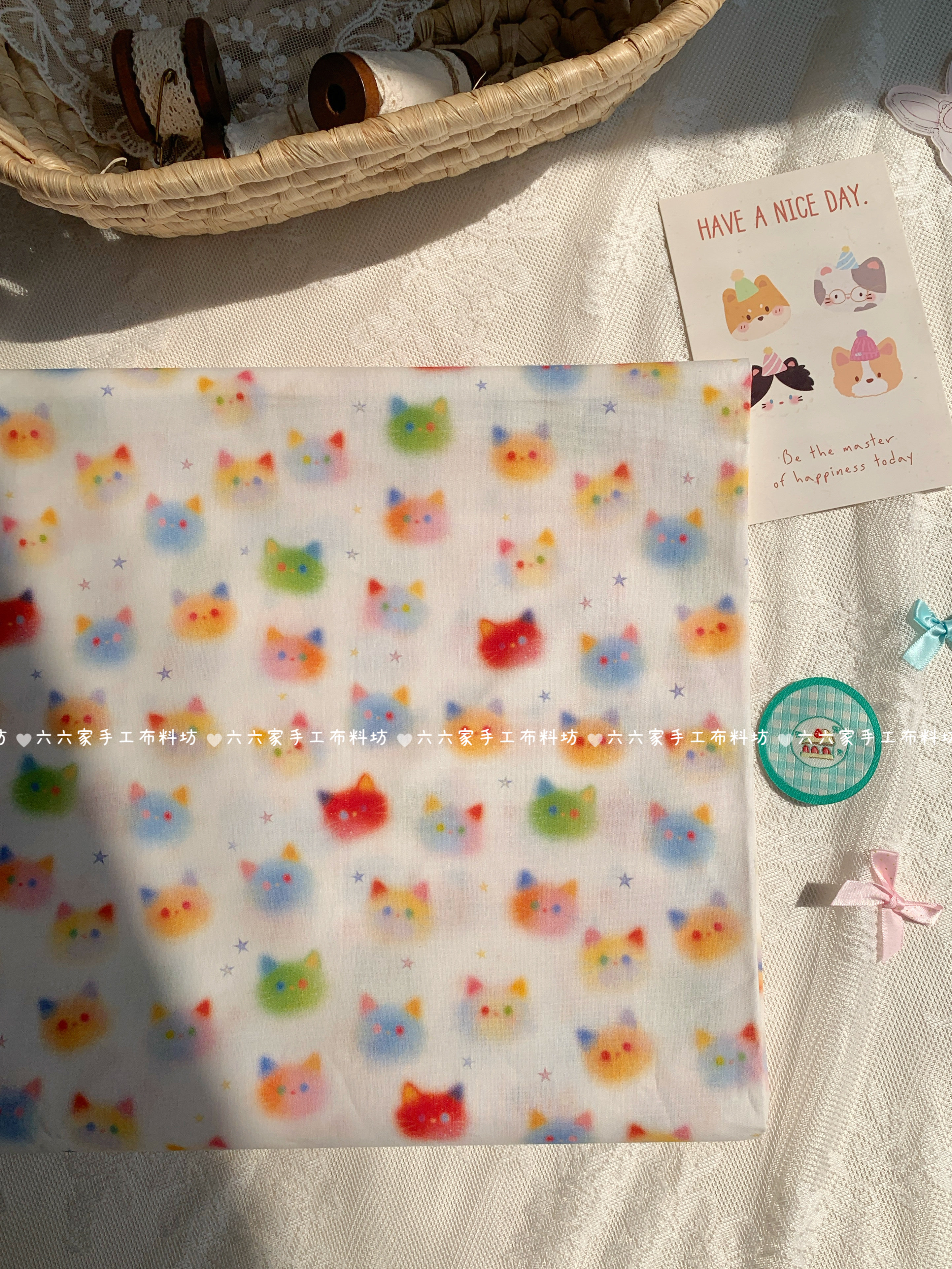 全棉40支印花布料ins可爱彩虹晕染猫猫头服装发饰包包发圈diy面料