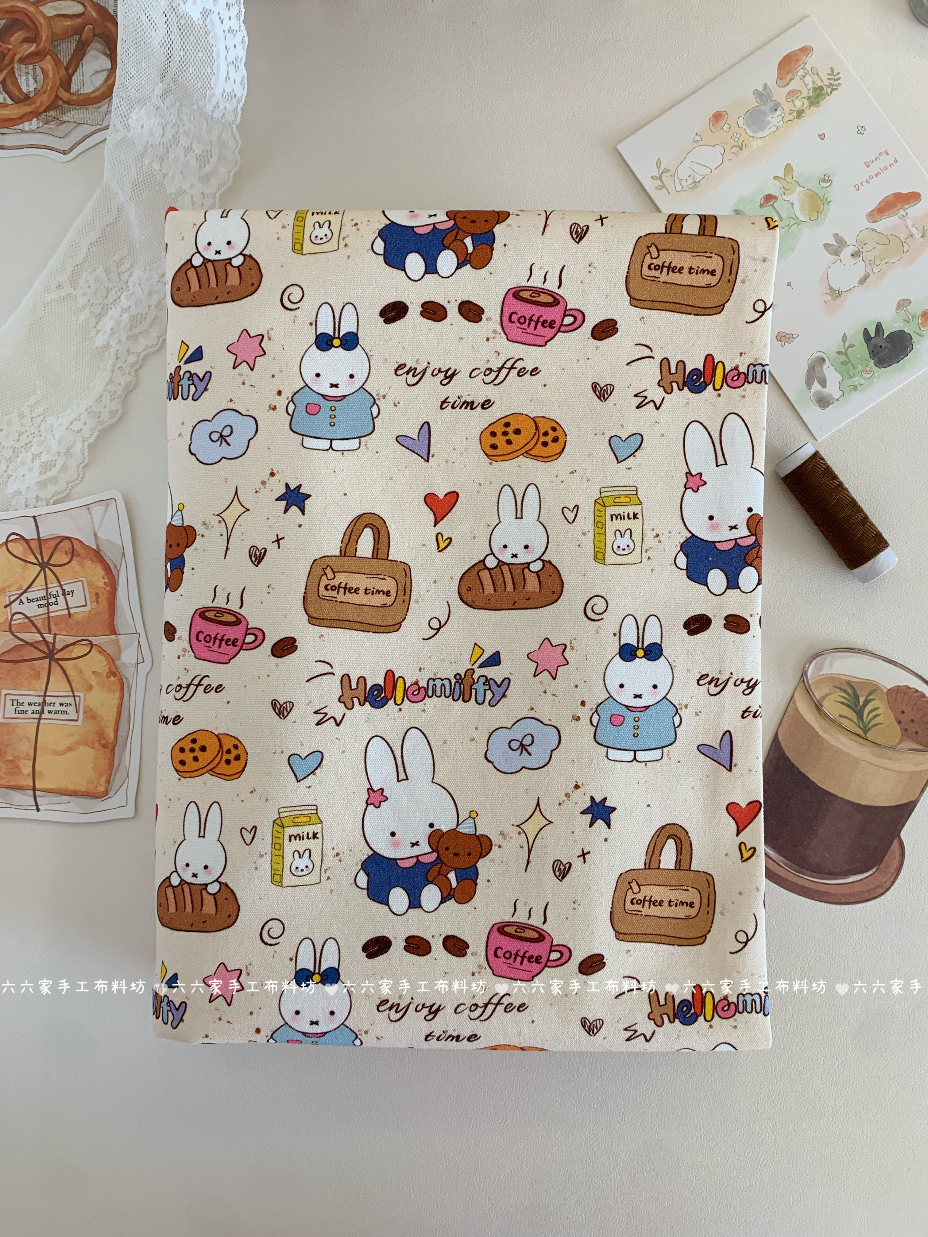 全棉可爱卡通八安帆布印花咖啡兔子下午茶围裙包包手工diy布料