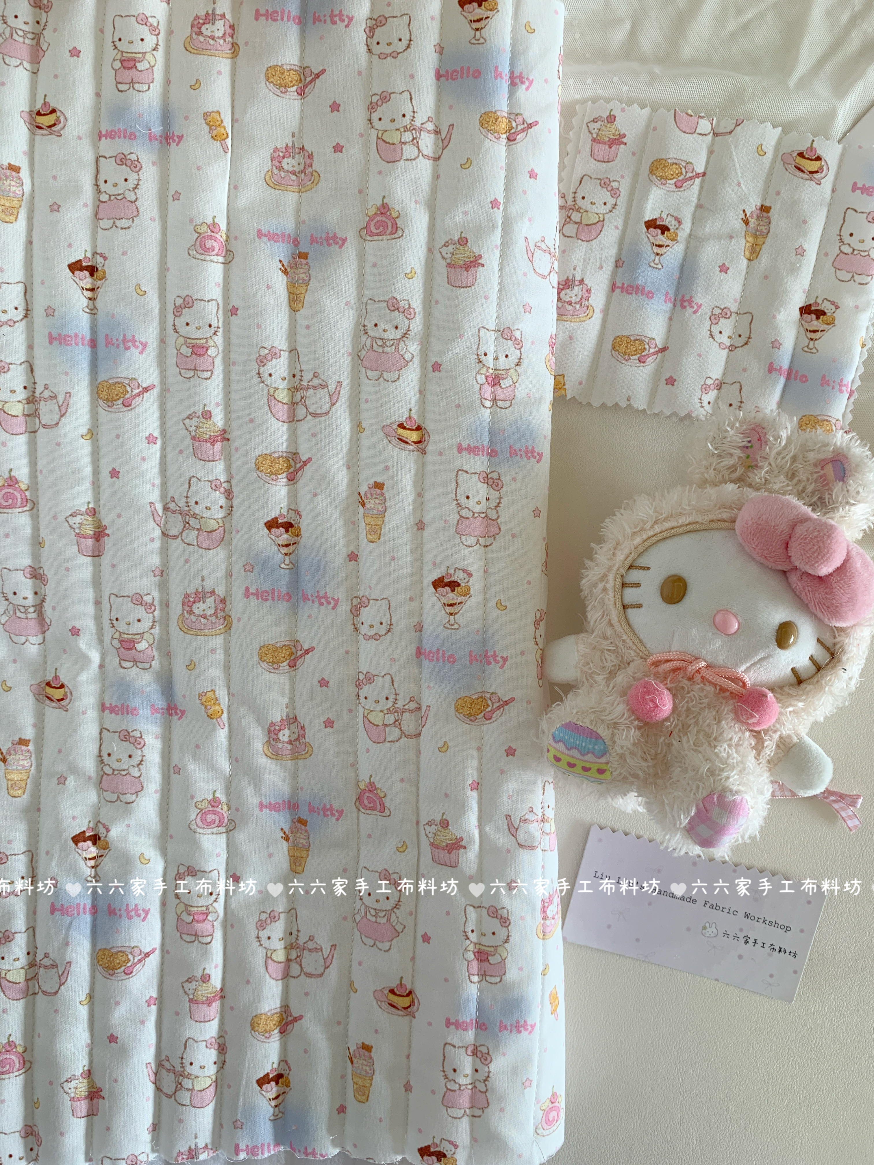 全棉条纹绗棉印花布料可爱卡通茶壶蛋糕猫猫发饰服装包包手工diy