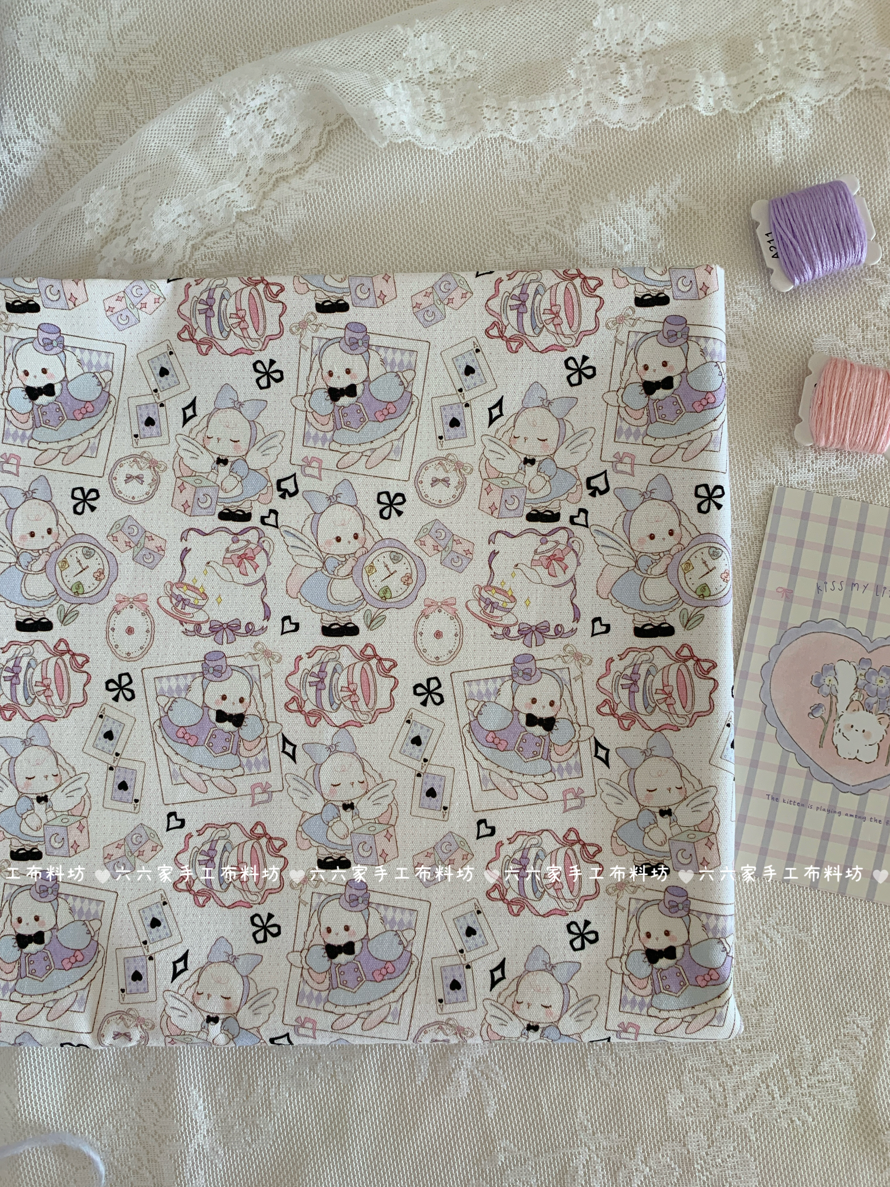 全棉可爱卡通八安帆布印花扑克少女天使兔围裙包包手工diy布料