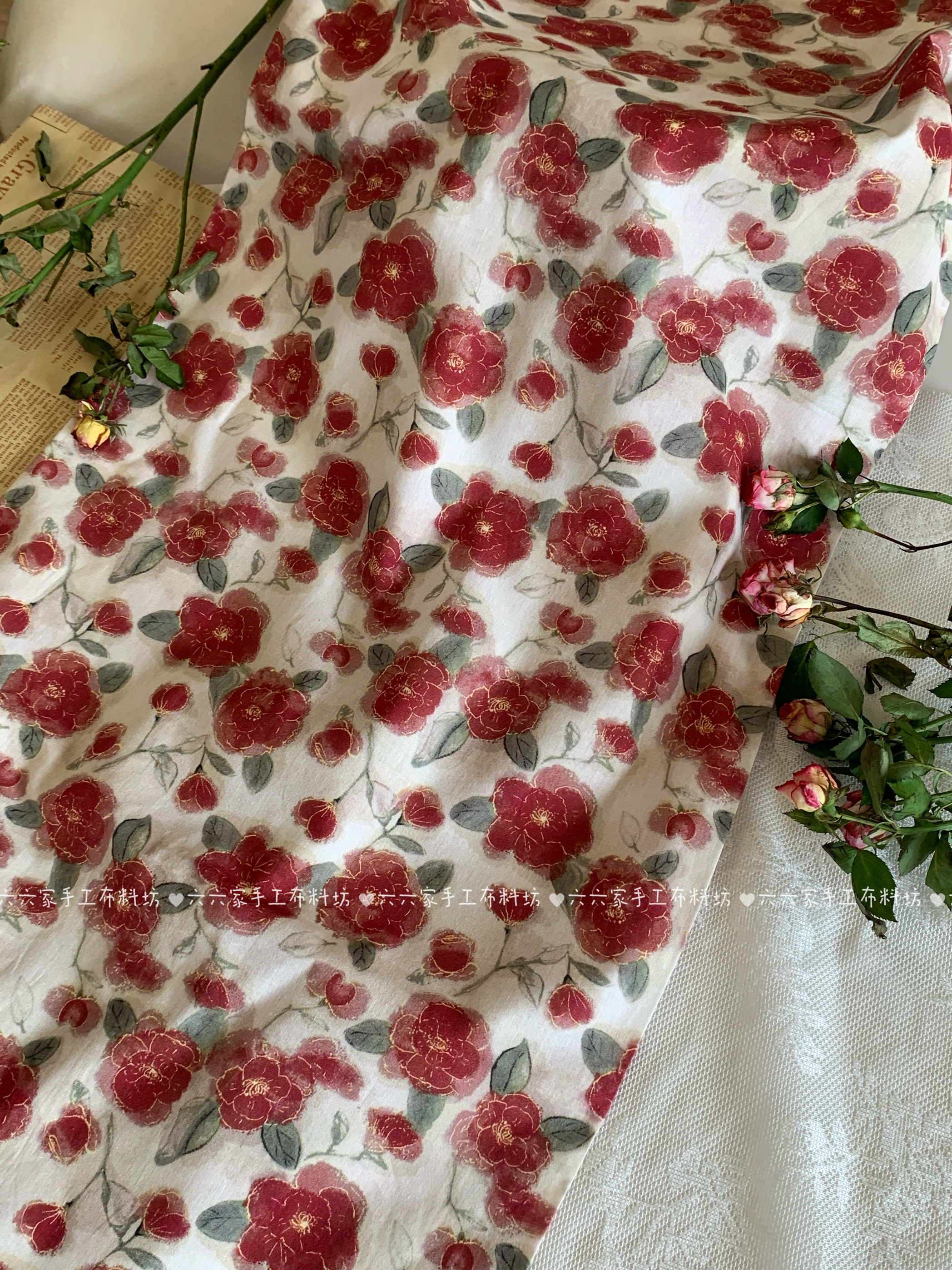 六六家40支全棉印花碎花金边山茶花面料家居服发饰童装布diy布料