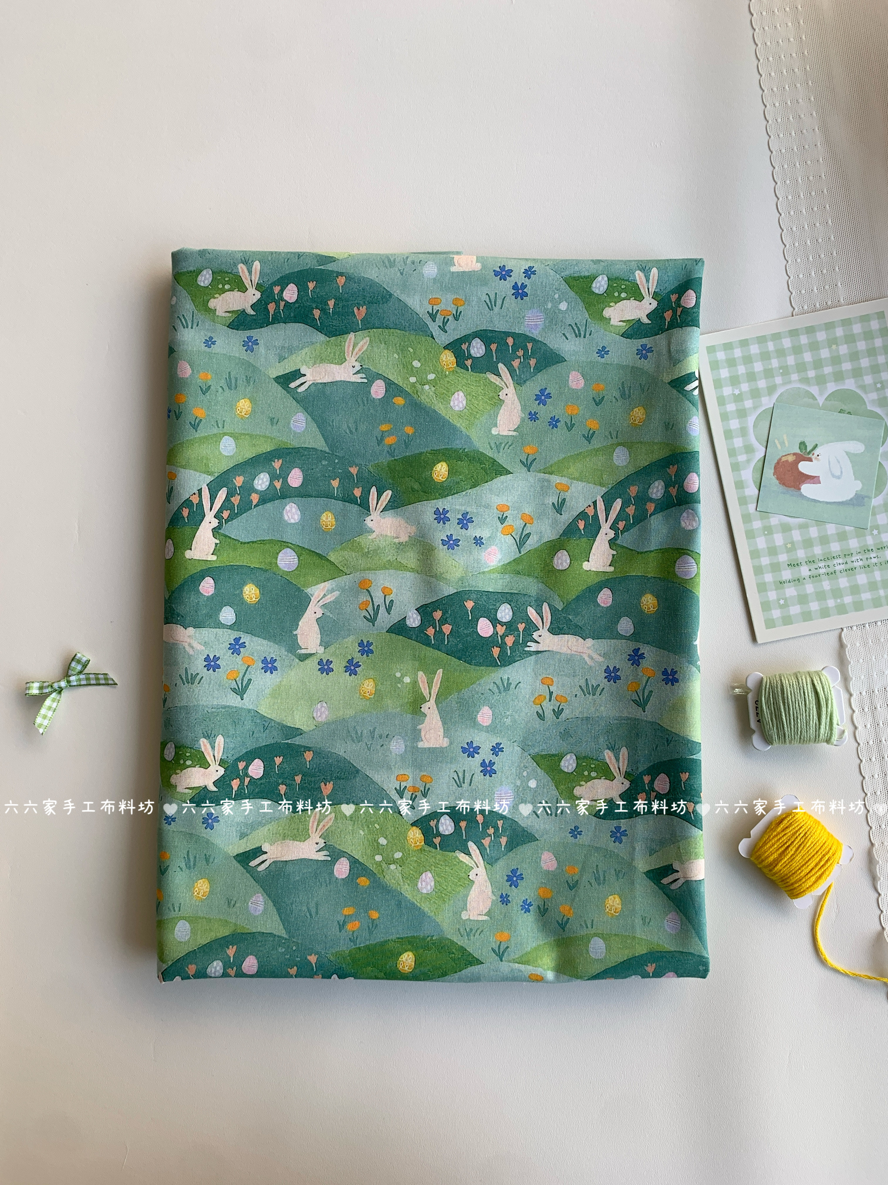 全棉40支印花布料可爱绿色系油画小兔服装发饰包发圈手工diy面料